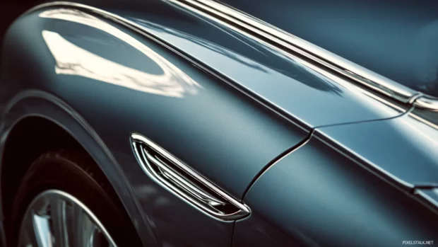 Luxury metal detailing on a high end car, showing curves, chrome highlights and reflective surfaces.