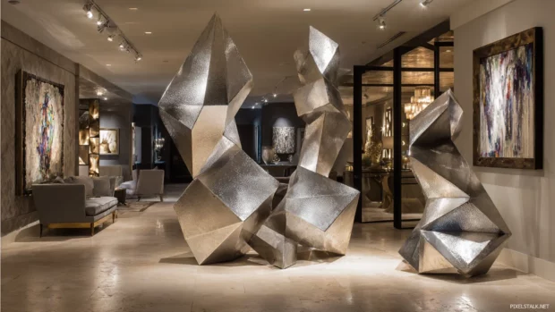 Luxury metal sculpture of geometric shapes with a mirror finish and dramatic lighting.