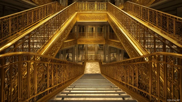 Luxury metal staircase with intricate golden railings, sharp lines and elegant architectural symmetry.