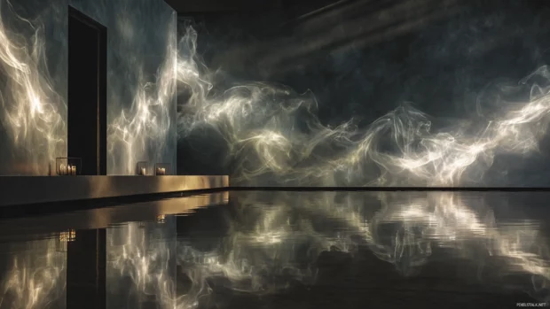 Luxury metal wall mural inspired by polished stainless steel submerged in moody smoke and reflected light.