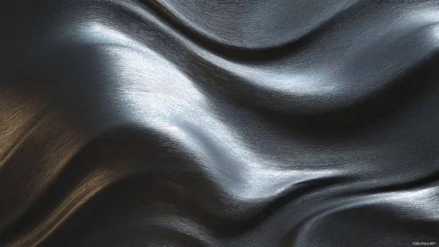 Luxury metal wallpaper featuring brushed chrome waves with soft reflections on deep charcoal backdrop.