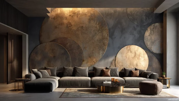 Luxury metal wallpaper mural design combining oversized bronze circles on charcoal canvas with soft spotlighting.