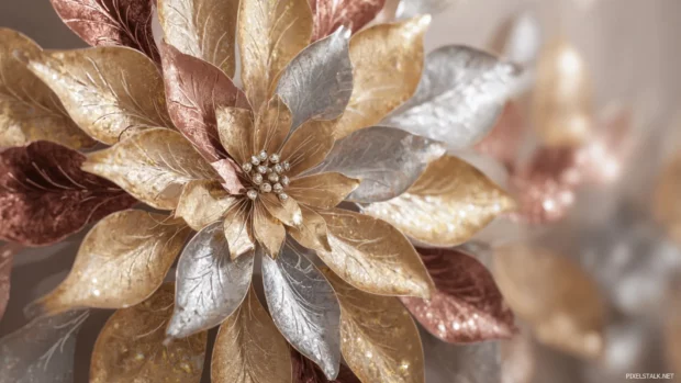 Luxury metallic flower art with delicate petals in gold, silver and rose gold tones.