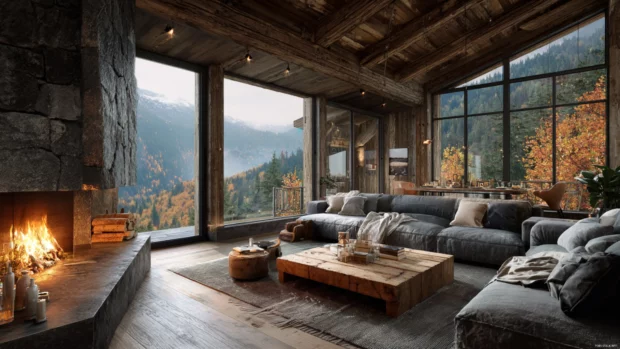 Luxury mountain retreat with wooden architecture, cozy fireplace and panoramic autumn views.