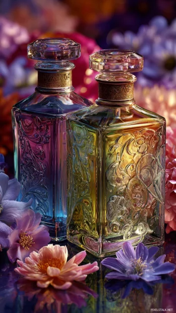 Luxury perfume bottles with intricate glass design surrounded by delicate flowers.