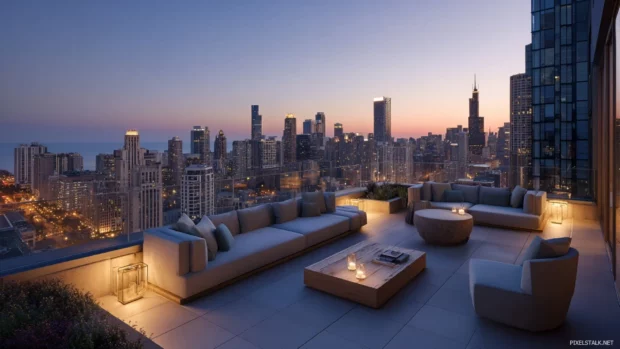 Luxury rooftop garden with modern furniture, soft lights and an impressive cityscape.