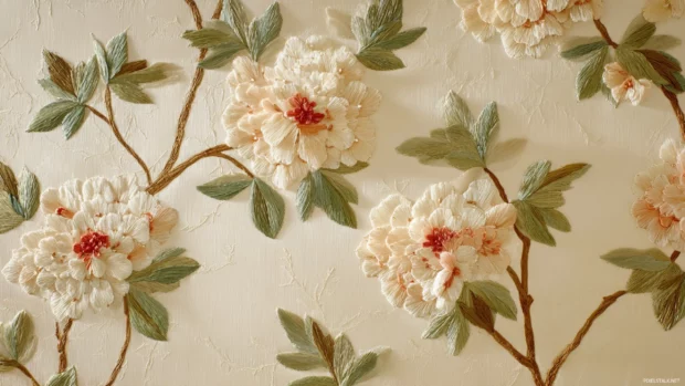 Luxury silk wallpaper featuring delicate hand embroidered floral tapestries on ivory silk for regal ambiance.
