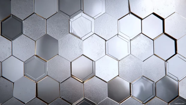 Luxury silver metal wallpaper displaying repeating geometric hexagon tiles with mirror polish on steel surface.