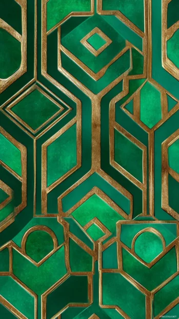 Luxury statement wallpaper for iPhone featuring bold metallic geometric shapes over rich emerald green background.
