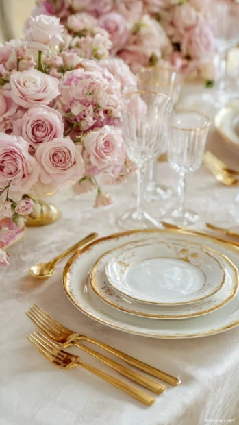 Luxury table setting with gold cutlery, fine china and delicate pink roses.