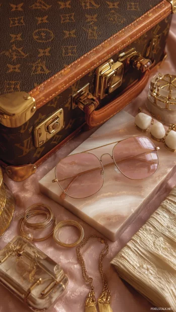 Luxury travel essentials flat lay with designer luggage, sunglasses and delicate gold accents.