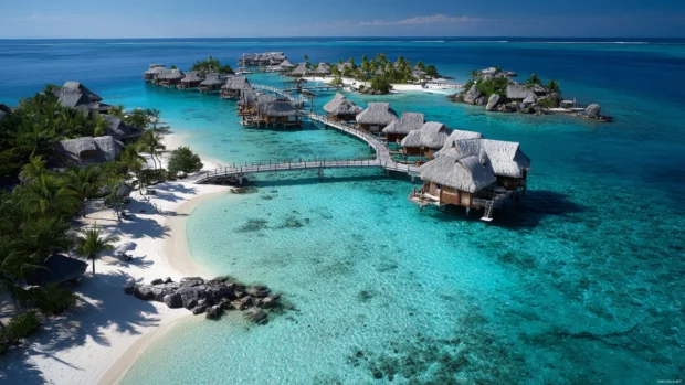 Luxury tropical resort with white sand beaches, overwater bungalows and crystal clear sea.