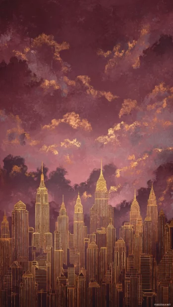 Luxury wall mural wallpaper iPhone style depicting panoramic art deco skyline silhouette in gold leaf on burgundy dusk sky.