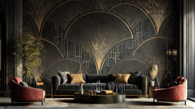 Luxury wallpaper brands inspired mural depicting oversized art deco fan motif in rich black and bronze tones.