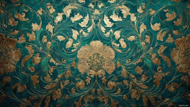 Luxury wallpaper texture featuring metallic filigree pattern in opulent gold on deep emerald velvet backdrop.