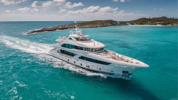 Luxury yacht cruising over turquoise waters with sleek white decks and sunshine.