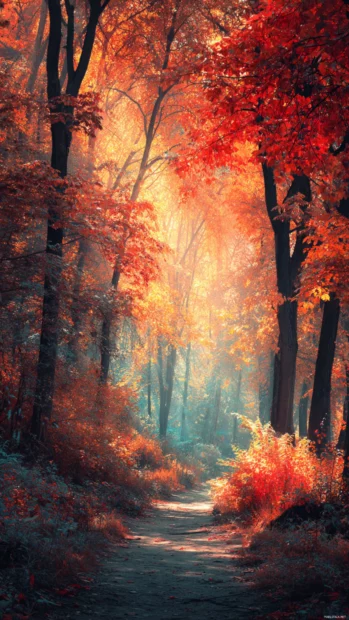 MacBook autumn wallpaper HD iPhone version capturing forest pathway enveloped by vibrant fall canopy and filtered sunlight.