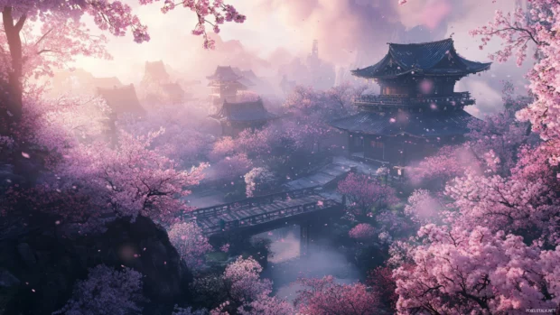 Magical Japanese cherry blossom wallpaper with soft pastel colors creating a dreamlike atmosphere.