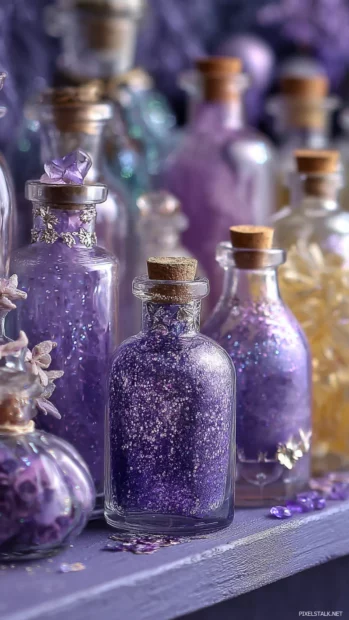 Magical bottles filled with glittery Cute Lavender potions on a shelf.
