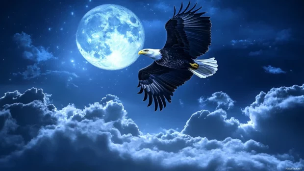 Majestic American eagle flying past the moonlit sky.