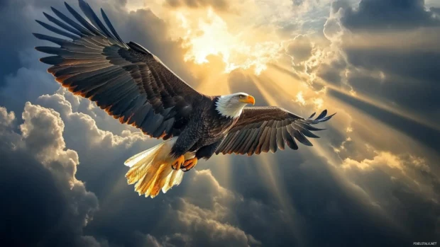 Majestic American eagle wallpaper with the eagle framed by radiant beams of light breaking through clouds.