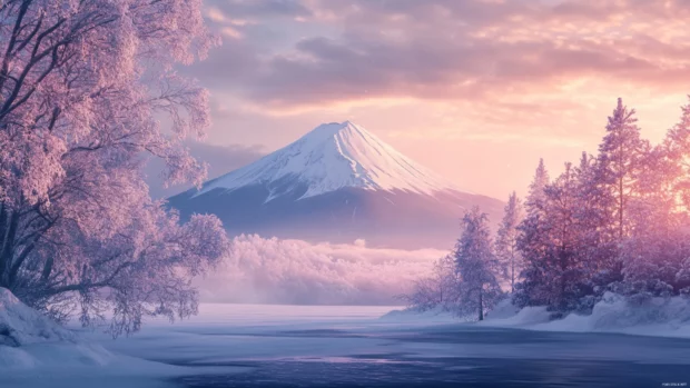 Majestic Mount Fuji wallpaper with winter landscape, icy trees, and mountain glowing under soft morning light.