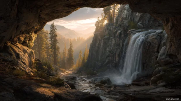 Majestic Waterfall cascading through a rocky mountain pass under soft golden light.