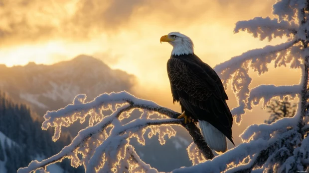 Majestic bald eagle wallpaper with the bald eagle standing on a frosty tree branch under a twilight sky.