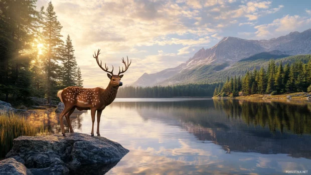 Majestic deer by a tranquil lake reflecting the sky.