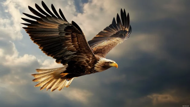 Majestic eagle gliding through cloudy skies with wings spread wide, high contrast.