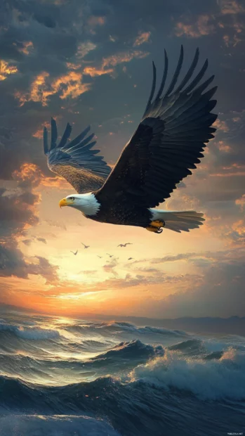 Majestic eagle in flight wallpaper 4K gliding over an endless ocean at twilight.