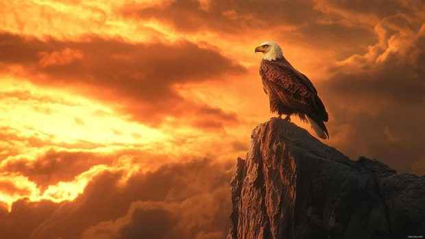 Majestic eagle wallpaper 4K showing a lone eagle perched atop a cliff with the sky ablaze behind.
