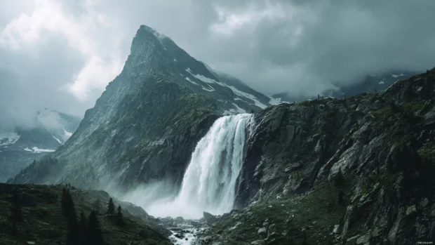 Majestic waterfall 4k wallpaper depicting thunderous drop of water amid dramatic mountain peaks under cloudy sky.