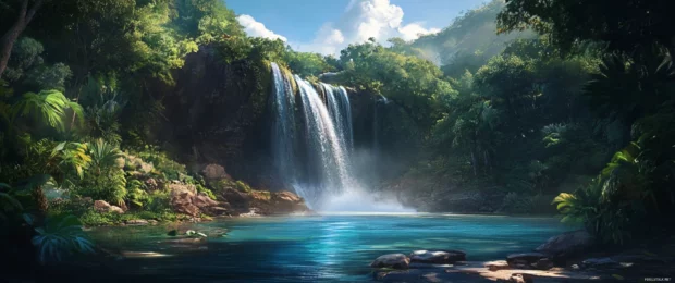 Majestic waterfall cascading into a serene pool surrounded by lush greenery, 3440x1440 ultra wide wallpaper.