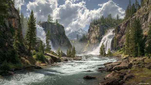 Majestic waterfall desktop wallpaper portraying a wide river flowing into dramatic falls with expansive mountain backdrop.