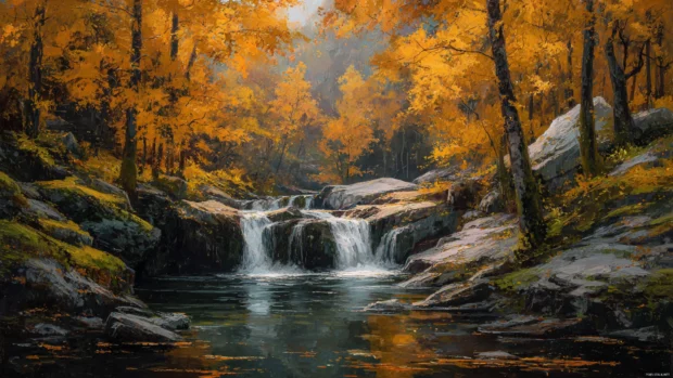 Majestic waterfalls cascading amidst lush forests where fall colors dominate the foliage in warm golden tones.
