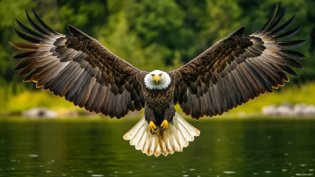 Majestic wings of an American eagle spread wide above a lake.
