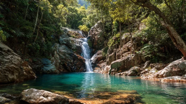 Massive Waterfall pouring into a hidden turquoise pool in a remote tropical paradise.