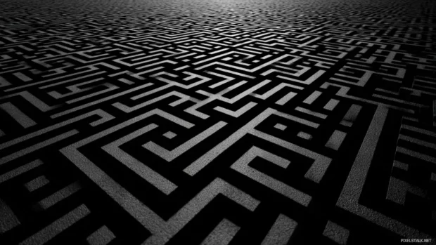 Maze like layout of Black and White Geometric lines creating a complex labyrinth of patterns.