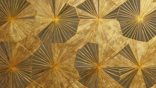 Metallic Gold Geometric Wallpaper design with interlocking lines and polished facets reflecting ambient light.