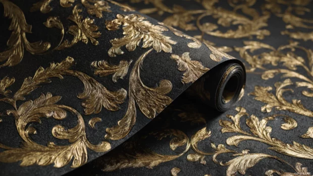 Metallic luxury wallpaper showing lavish gold filigree pattern on textured black velvet wall.