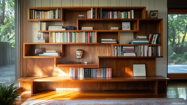 Mid century modern bookshelf featuring design magazines and rare editions.