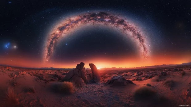 Milky way core shining brightly over a vast desert 2560x1440 wallpaper capturing night sky splendor.