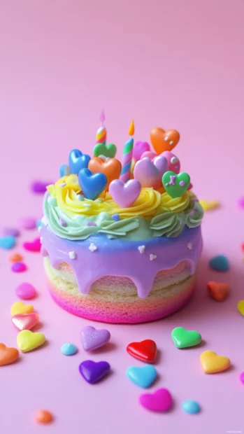 Miniature Birthday Cake with rainbow icing and candy hearts.