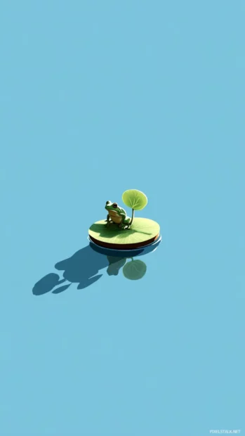 Minimal Aesthetic Frog on a floating donut shaped lily pad, simple shadows and a sky blue backdrop.