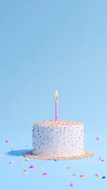 Minimal Birthday Cake against a soft blue backdrop with sprinkles.