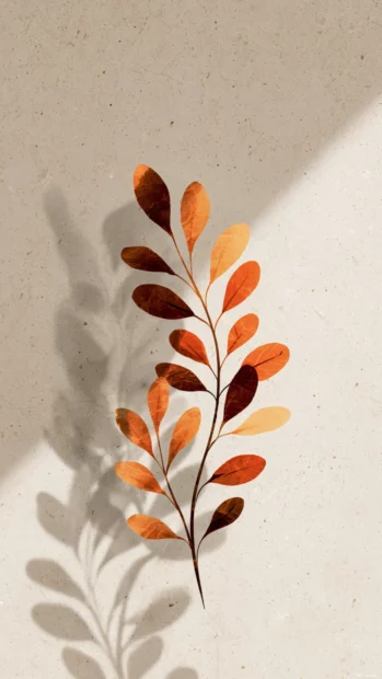 Minimal fall vibes wallpaper iPhone with abstract amber leaf silhouette on creamy neutral backdrop.