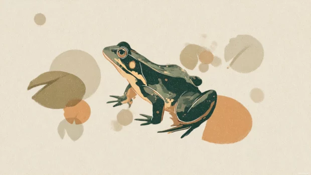 Minimalist Aesthetic Frog in profile on a beige background, abstract lily pad shapes scattered around.