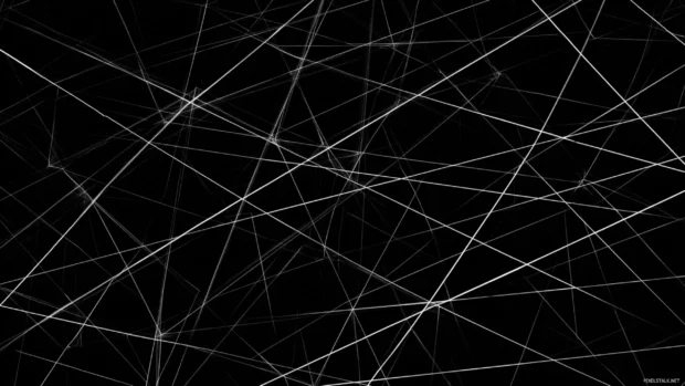 Minimalist Black Geometric pattern made of thin intersecting lines on a deep black background.