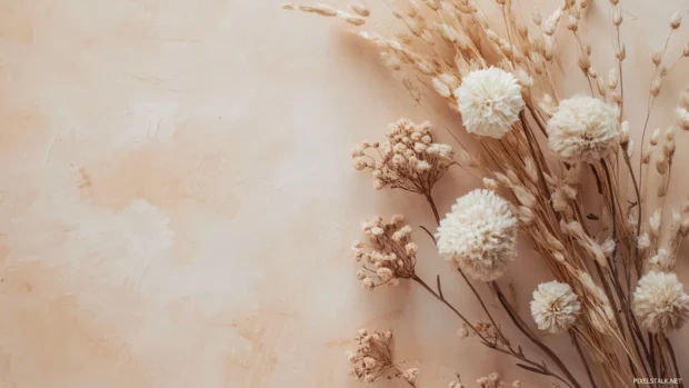 Minimalist Earth tone composition with dried flowers and neutral textures.